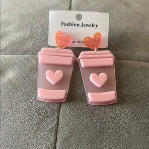 Pink Coffee Cup Earrings with Heart Accents earrings